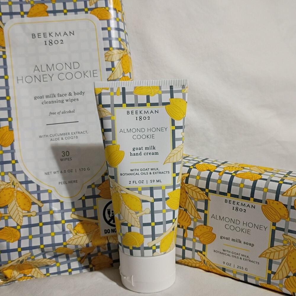 Beekman 1802 set ALMOND HONEY COOKIE 2 oz Lotion, 3.5 oz Soap, 30 count Wipes